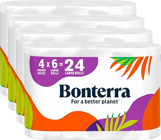 Bonterra Responsibly Sourced 3-Ply Toilet Paper, Soft, Strong, and Plastic-Free, 4 packs of 6 Large Rolls = 24 Large Rolls