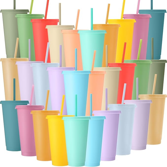 Honeydak 30 Pack Tumbler with Straw and Lid Bulk Cups for Gifts Water Bottle Iced Coffee Travel Mug Cup Reusable Plastic Tumblers for Party Birthdays 24-27 oz (Pastel Color)