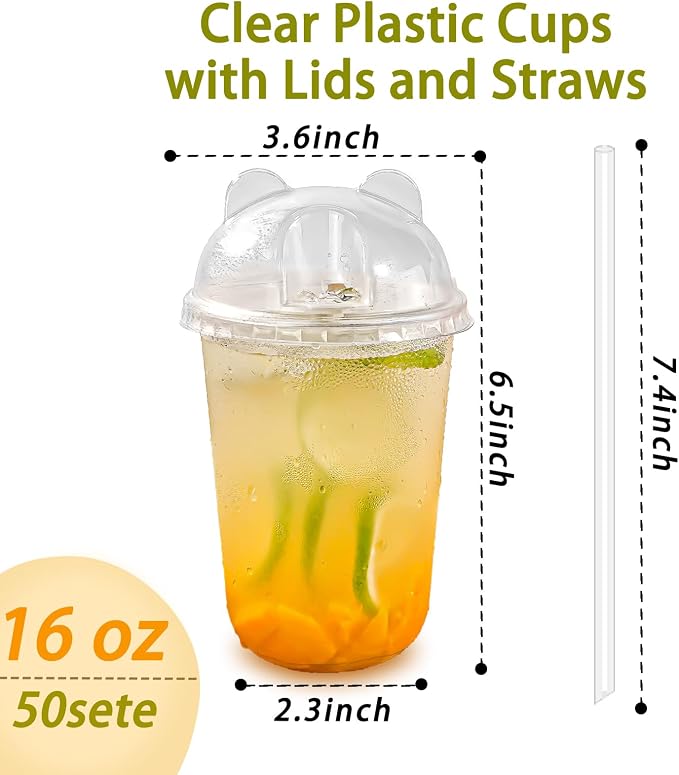Qsqwsuye 16oz 50 Set Disposable Plastic Cups with Dome Lids and Straws, Clear Iced Coffee Cups with lids, Round Bottom Plastic Cup for Milkshakes Juice Beverages Holiday Party Outdoor Picnic Supplies