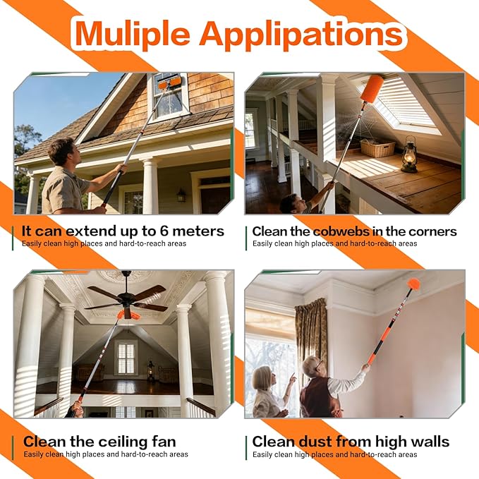 26FT High Reach Duster Cleaning Kit with 5-20 FTExtension Pole, High Ceiling Fan Cleaner Duster Tool for Fan Blades, Extendable Reusable Cobweb, Feather, Window Cleaning Squeegee Kit (20FT)
