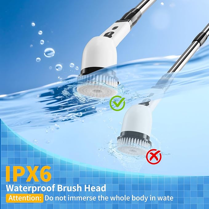 Electric Spin Scrubber, Powered Household Cleaning Brush with 8 Heads & 2 Modes- 52in Extendable Electric Shower Scrubber Deep Cleaner for Bathroom Bathtub Sink Bathroom, IPX7