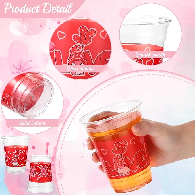 Meanplan 100 Pcs 12 oz Valentine Plastic Cups Bulk Valentine Drinking Cups Pink Heart Glasses Drinking Galentine Day Party Favor Supplies for Beverages Iced Juice Wedding Anniversary(Love Style)