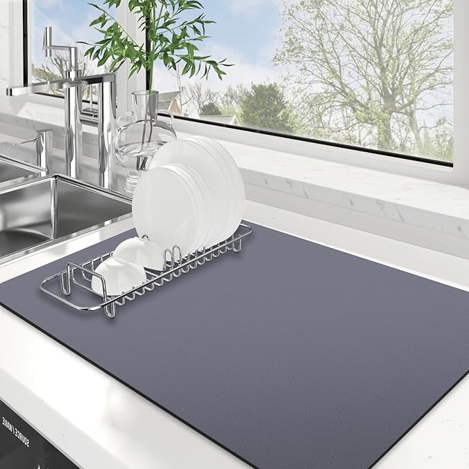 WISELIFE Dish Drying Mat Super Absorbent Drying Mat Large Dish Drying Mats for Kitchen Counter Easy Clean Dish Mat Kitchen Drying Mat16"x 24" Classic Grey