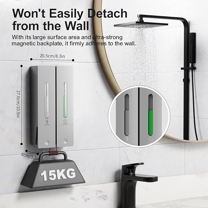 Shampoo and Conditioner Dispenser 2-Chamber Wall-Mounted Shower Soap Dispenser, No-Drill Installation, 800ML Capacity, Ideal for Bathrooms and Hotels (Silver)
