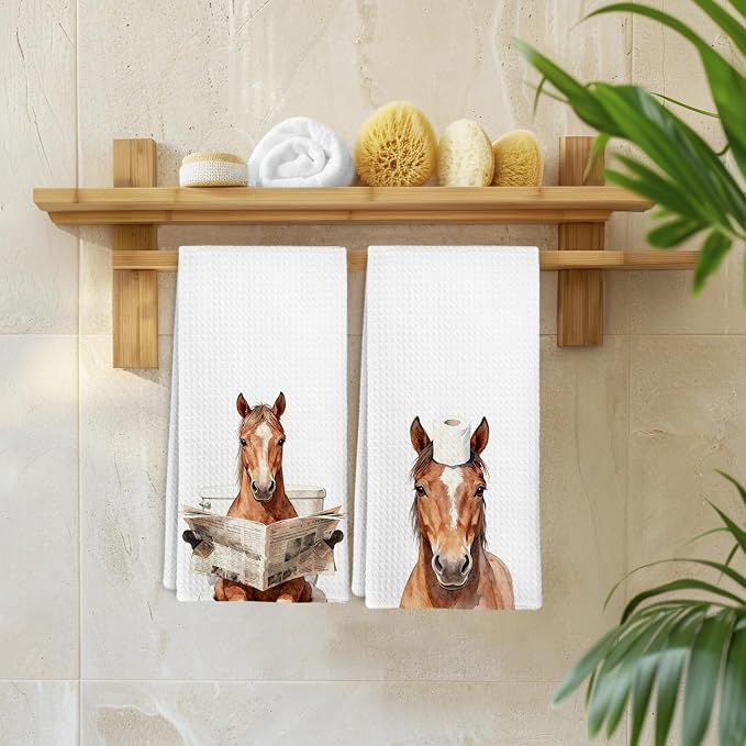 Funny Horse Hand Towels for Bathroom Kitchen Farmhouse Cabin Decor, Horse Lovers Gifts for Women Men, Rustic Horses Themed Dish Tea Towels, Farm Animals Decorative Hand Towels Set of 2, 16x24