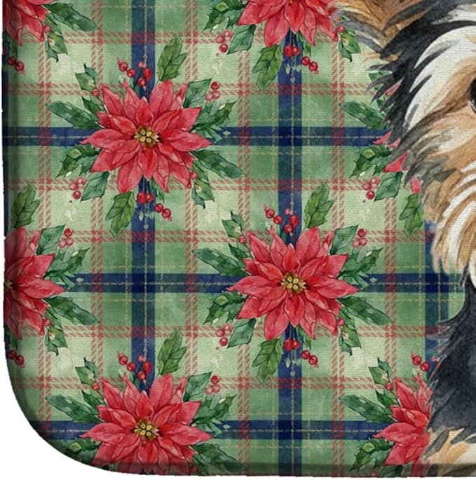 Caroline's Treasures Black and Tan Yorkshire Terrier Christmas PoinsettIas Dish Drying Mat Absorbent Dish Drying Mat Pad for Kitchen Counter Dish Drainer Mat for Countertop, 14 x 21", Multicolor