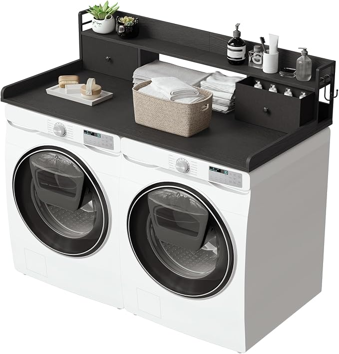 2-Tier Washer Dryer Countertop with 2 Drawers & Shelf, 2 Hooks, 27.7" D x 54" W Laundry Topper, Wooden Washer and Dryer Shelf for Folding Clothes and Storage, Easy to Install, Black