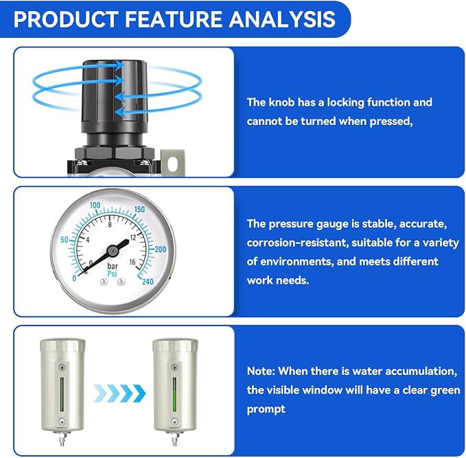 1/2" Air-Dryer-for-Compressor, Manual Drain Double Filtration & Drying | NPT Industrial Grade Air-Compressor-Water-Separator-System Filter Oil for Plasma Cutter and Paint Spray,0-240 PSI