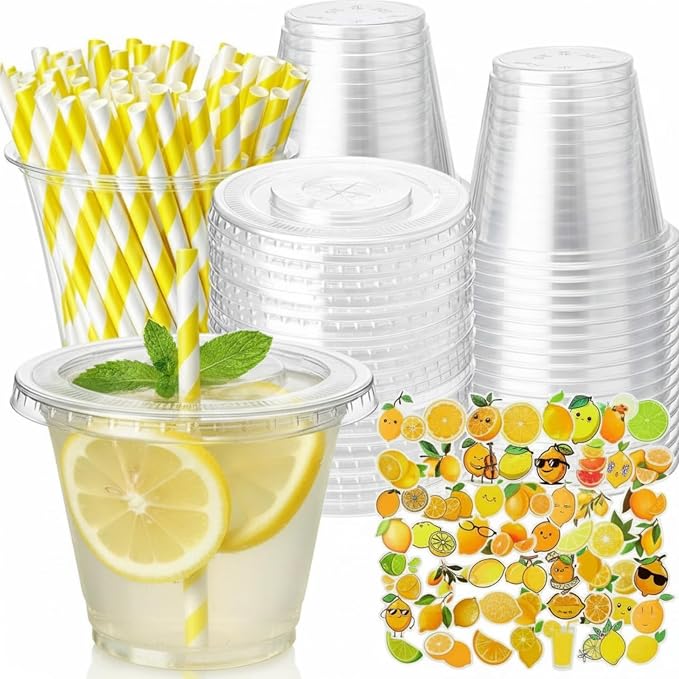 100 Pcs 9 oz Lemonade Stand Supplies, Lemonade Plastic Cups with Flat Lids Straws & Lemon Stickers, Clear Cold Beverage Paty Cup for Summer Birthday Party Lemon Decoration