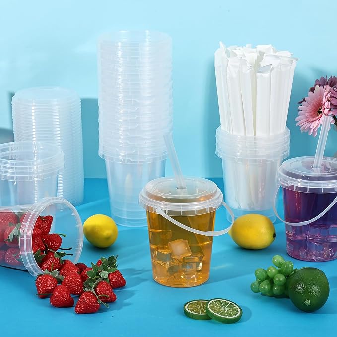 50 Sets Clear Plastic Drink Buckets with Lids Straws and Handles 34 oz Disposable Ice Cream Cups Cocktail Drinking Buckets for Outdoor Holiday Travel Beach Birthday Party Supplies