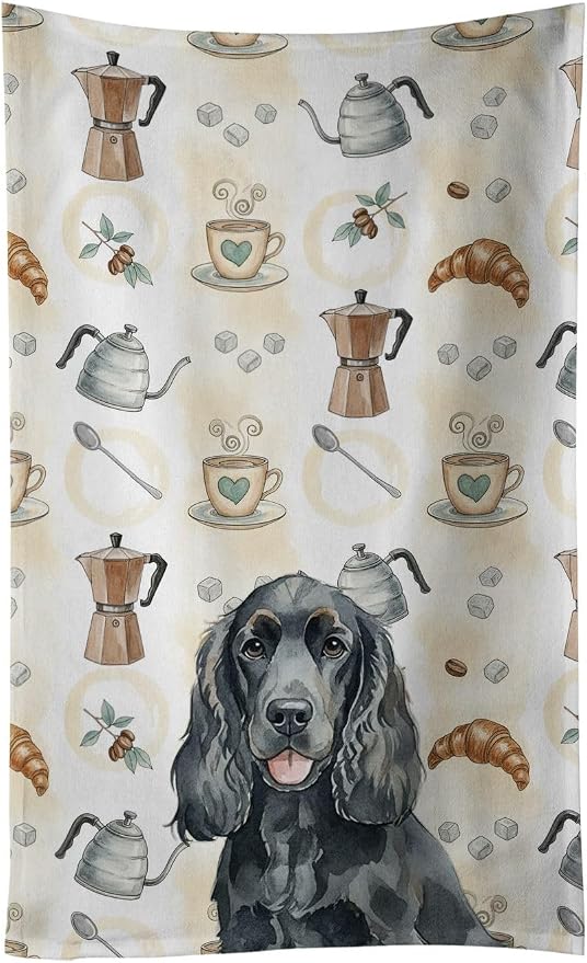 Caroline's Treasures Black Cocker Spaniel Coffee Bar Kitchen Towel Velour Plush Front and Cotton Loop Back Machine Washable