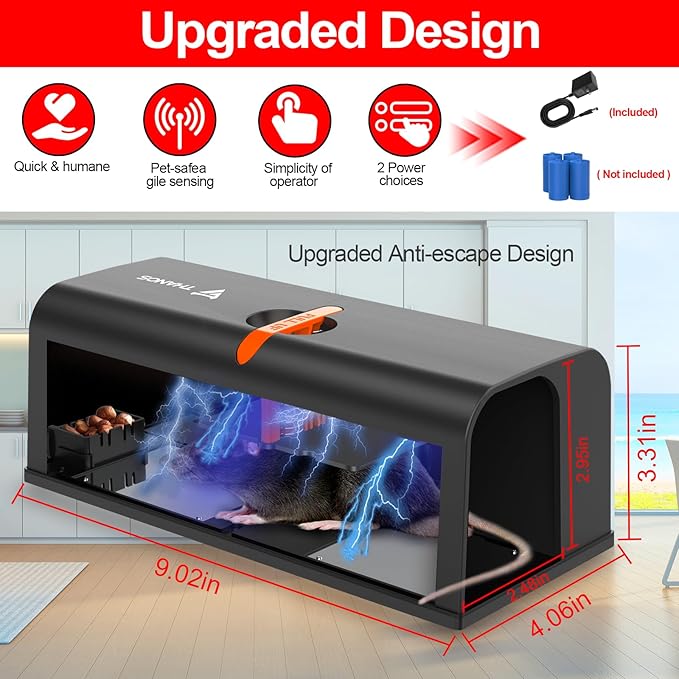 Mouse Traps Indoor for Home,Reusable Electric Humane Rat Trap with Upgraded Anti-Escape Design,Instantly Kill Rodent Zapper with Powerful Voltage,Effective Work for Mice in Living Room,Kitchen,Attic