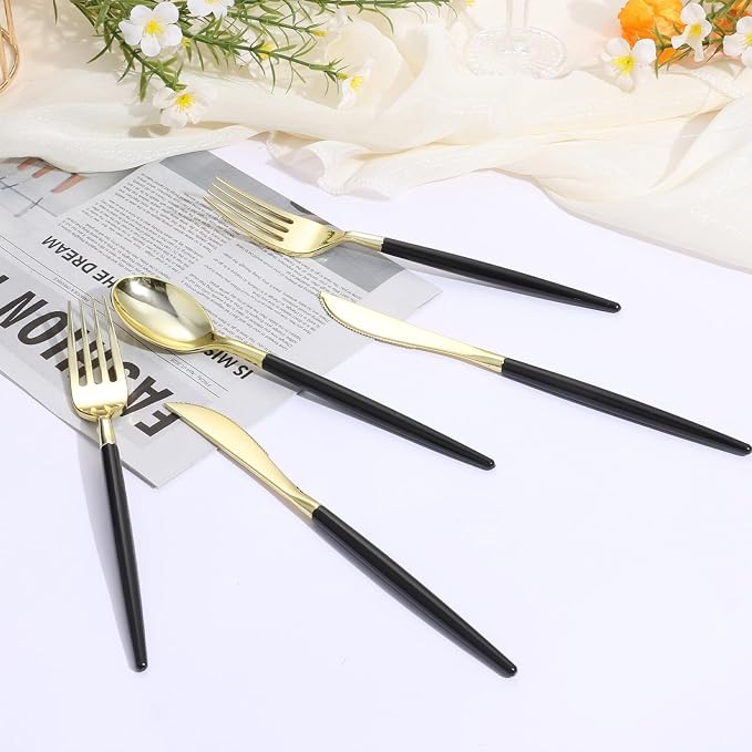 Goodluck 150 PCS Black Gold Plastic Silverware Set for 50 Guests,50 Knives, 50 Forks and 50 Spoons, Food-grade material free of BPA, Gold Plastic Cutlery Ideal for Weddings, Birthdays, Graduation
