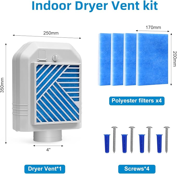Indoor Dryer Vent Kit, Indoor Dryer Vent Box with Polyester Dryer Filter x4, Upgraded Patented Safety Reminder to Eiminate Lint, Indoor Dryer Vent Kit for Electric Dryer Save Energy