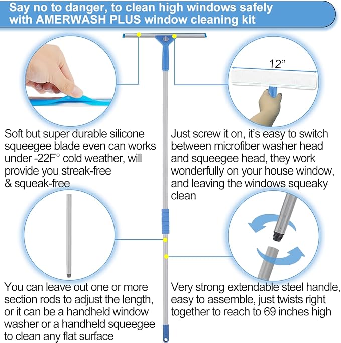 AMERWASH PLUS Window Squeegee Washing Kit for High Window, Shower Glass Door, Mirror Cleaning, with 69-inch Extension Pole, Extra 14'' Wide Squeegee and 2 Microfiber Scrubbers Included