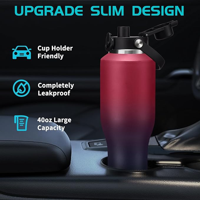 40 oz Insulated Water Bottle with Straw and Spout Lid, Stainless Steel Water Bottle Fits in Cup Holders, Double Wall Metal Flask Large Water Cup for Drive Trip Gym