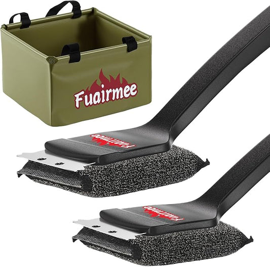 2PCS Bristle Free Grill Brush for Outdoor Grill, with Water Dunk Basin（Green, Steel Fiber Grill Brush for Cast Iron/Porcelain/Charcoal/Stainless Steel Grates