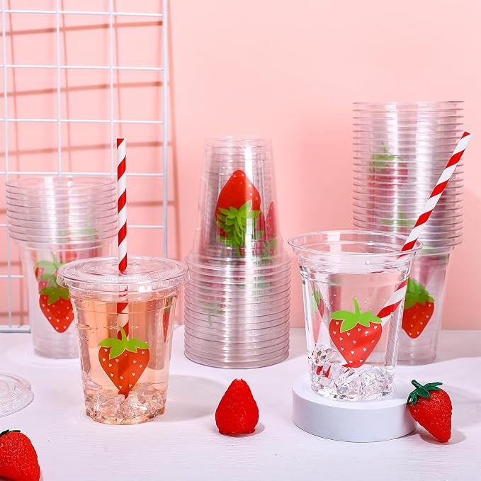 Whaline 50Pcs Strawberry Disposable Plastic Cups with Lids and Straws 12 Oz Red Summer Fruit Cold Beverage Drinking Cups for Sweet One First Birthday Baby Shower Party