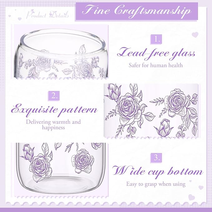 Sliner 2 Pcs Purple Floral Glass Cups Flower Gifts Drinking Glasses 16 oz Iced Coffee Tumbler with Lid Straw Beer Can Tumbler Cute Holiday Gifts for Home Office Decorations
