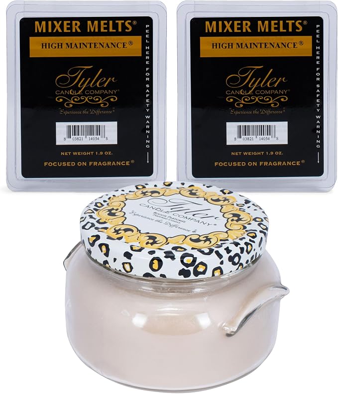 Elanze Designs Tyler Candle HIGH Maintenance 22 Ounce Glass Jar Candle and Mixer Melts; Set of 3