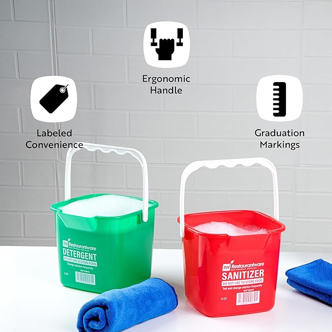 Restaurantware RW Clean 6 Quart Cleaning Bucket 1 Detergent Square Bucket - With Measurements Built-In Spout And Handle Red Plastic Utility Bucket For Home Or Commercial Use