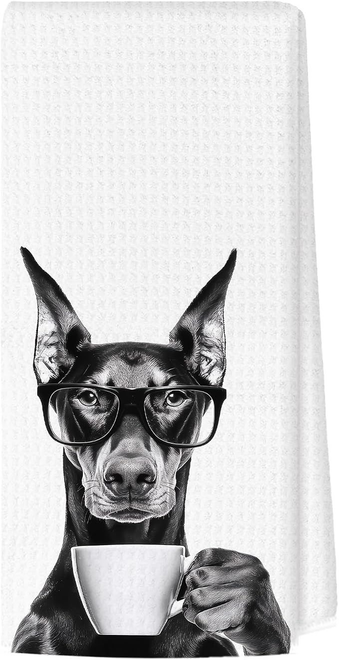 Funny Doberman Kitchen Towels, Dog Kitchen Accessories, Dog Chef Gifts for Women Decorative Hand Towels for Kitchen Decor, Coffee Lovers Gifts Dish Tea Towel, 16x24 Inch