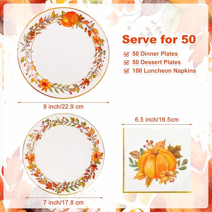 200Pcs Fall Paper Plates and Napkins Set,Thanksgiving and Pumpkin Plates Disposable Dinnerware,for Autumn Celebrations, Thanksgiving Day and Harvest Festival,Serve 50 Guests
