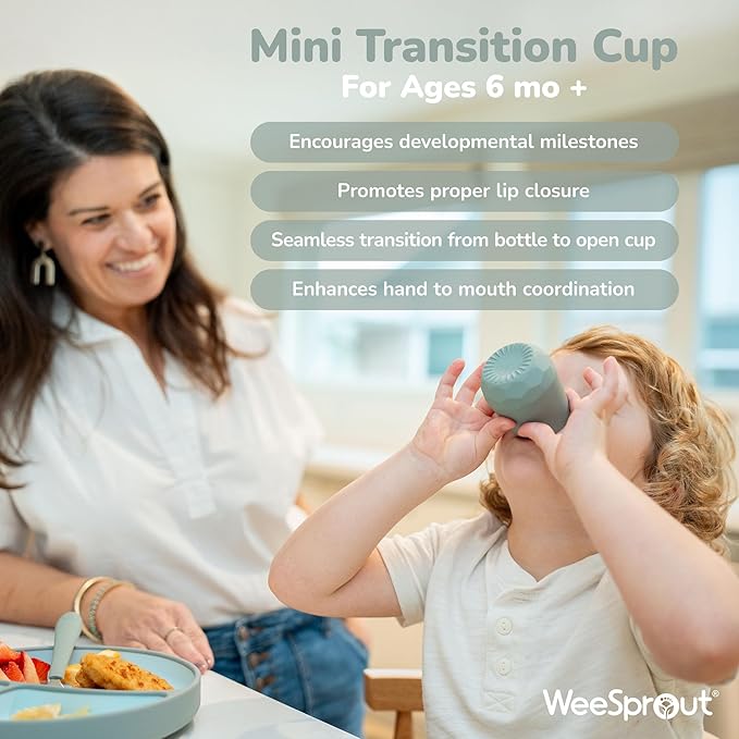 WeeSprout First Feeding Set - Silicone Baby Training Cup 2 Oz, Suction Bowl 10 Oz with Lid & 2 Baby Led Weaning Spoons - For Children 6+ Months - Non-Slip Grip - Dishwasher & Microwave Safe