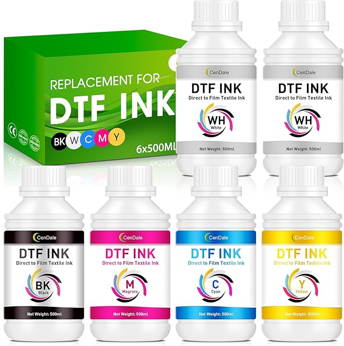 CenDale Premium DTF Ink 3000ML - DTF Transfer Ink for PET Film, Refill DTF Ink for Epson ET-8550, L1800, L800, XP15000, R2400, P400, P800, Heat Transfer Printing Ink Direct to Film (500ml x 6, CMYK W