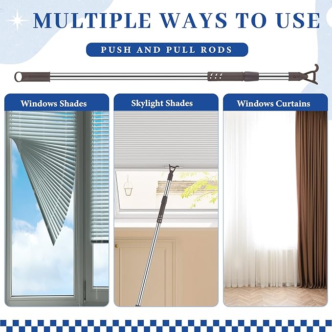 Reallnaive 1 Pack Telescoping Skylight Pole with Hook 47 to 79 Inch Wand for Blinds Tension Rod Blinds Shades Stainless Steel Adjustable Curtain Pull Wand for Skylight Cordless Window (Brown)