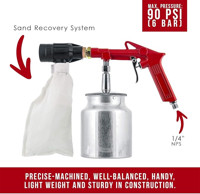 TCP Global Sand Blaster Gun Kit with Recovery System, Air Compressor Sandblaster Tool, Abrasive Included - for Cleaning Metal, Wood, Surface Prep, Rust Removal