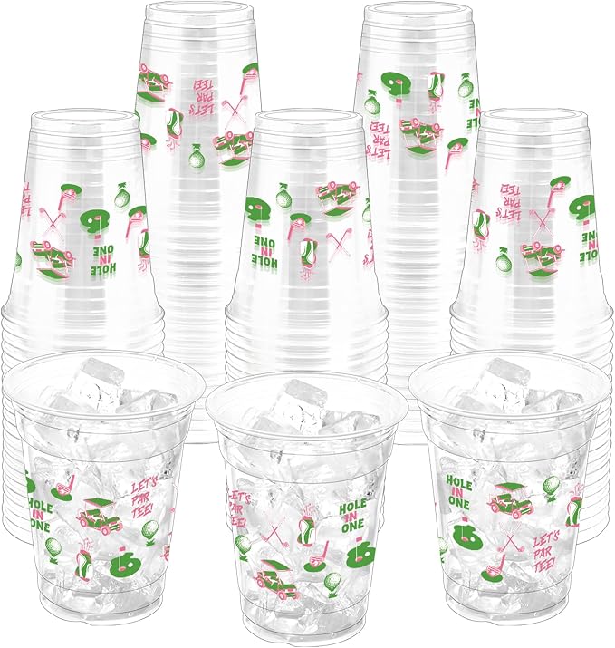 100Pcs Masters Golf Ball Plastic Party Cups, 12oz Pink Green Golf Disposable Clear Cups for Home Sports Party Decorations, Birthday, Holiday Gatherings Favors