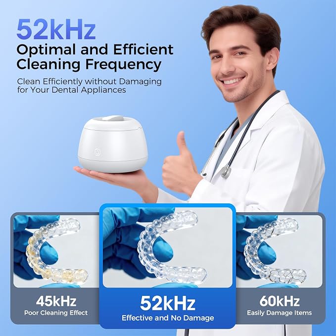 TEBAL Ultrasonic Retainer Cleaner Machine, 52kHz Ultrasonic Denture Cleaner for Night Guards, Braces, Aligner, Toothbrush, Jewelry and More, Dental Cleaning Pod with Digital Timer & 250ML, White