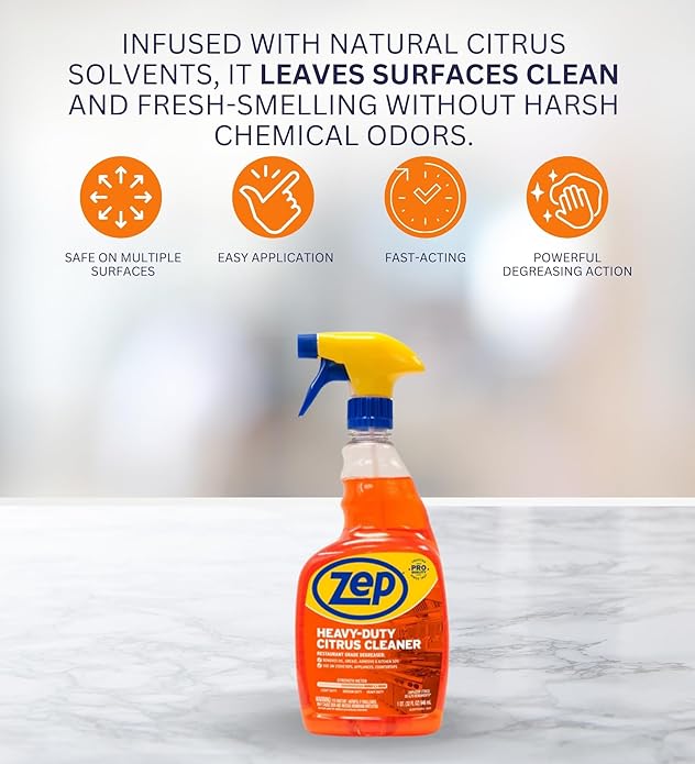 Zep Heavy Duty Citrus Degreaser Spray 32 oz Bundle with Microfiber Cloth - Powerful Grease Remover for Kitchen, Stovetops, and Appliances - Versatile Multi-Surface Cleaner - (2 Items)