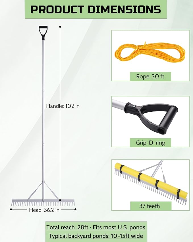 Pond Rake, 36" Floating Rake with 8.5ft (102in) Extension Handle & 20ft Rope, Aluminum Aquatic Weed Rake for Lake, Heavy Duty Landscape Rake for Algae, Muck & Debris Removal, 2-in-1 Water & Land Tool