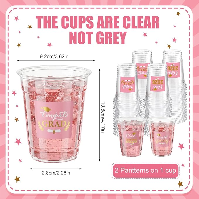 Amyhill 100 Pack 12oz Graduation Cups 2026 Graduation Decorations Disposable Plastic Cups Sturdy&Durable Drinkware for Class of 2026 Decorations Congrats Grad Party Favors Supplies (Pink)