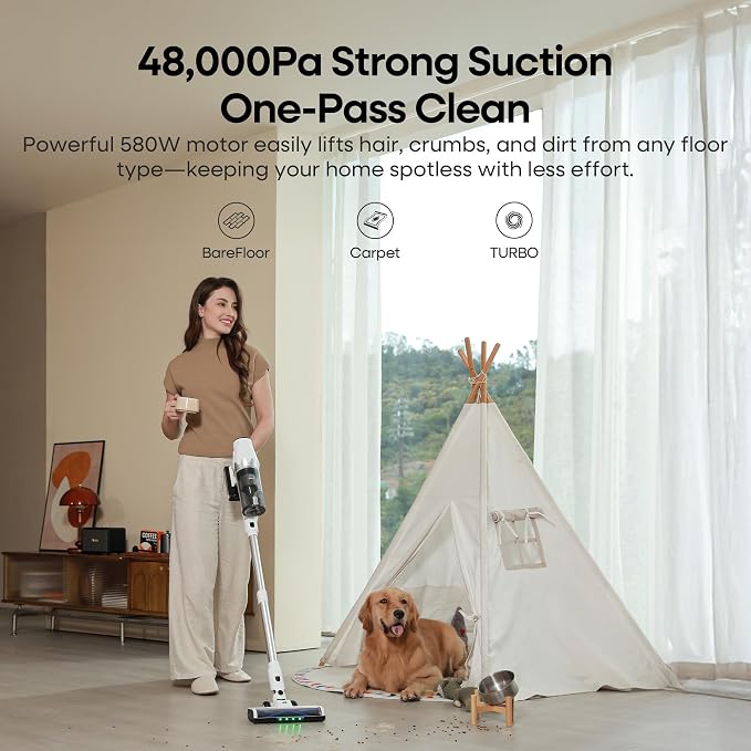 ElecKeys Cordless Vacuum Cleaner, 580W 48KPA Vacuum Cleaners for Home, 65Mins Stick Vacuum with LED Display, Anti-Tangle & Self-Standing Wireless Vacuum, Vacuum Cleaner for Pet Hair Carpets Hard Floor
