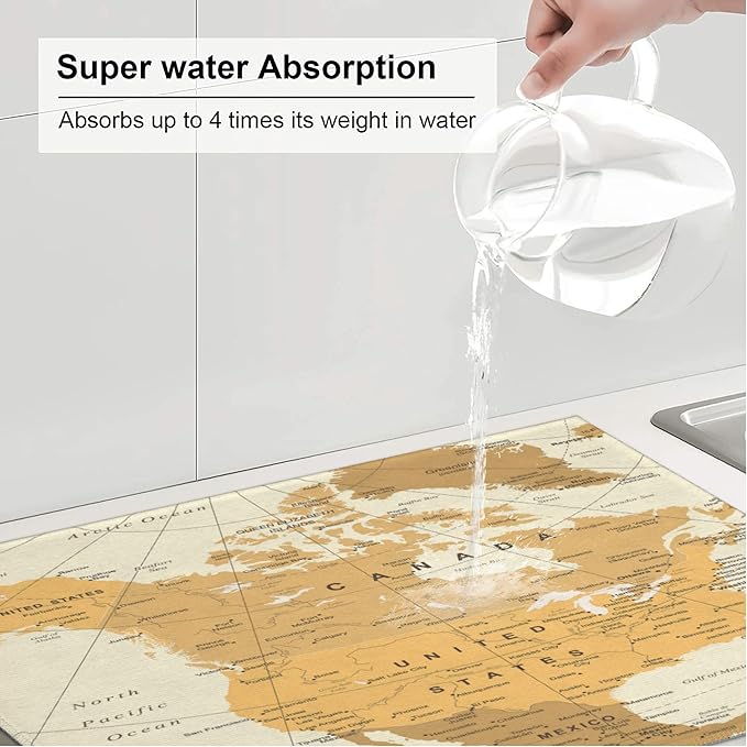 Set of 3 World Map Dish Drying Mat & Kitchen Sink Splash Guard Faucet Mat For Kitchen Counter Absorbent Microfiber Dishes Pad Dish Drainer Rack Mats Fast Dry Kitchen Accessories