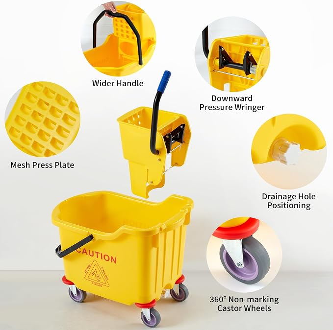 Commercial Mop Bucket with Side Press Wringer on Wheels, 35 Quart Capacity for Floor Cleaning, Kitchens, Restaurants, and Janitorial Use, Yellow