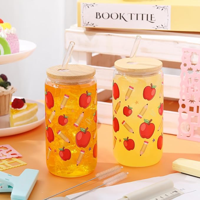 Sliner 2 Pcs Teacher Glass Cups Teacher Appreciation Gifts Iced Coffee Tumbler with Lid Straw End of Year Gifts for Teachers Students, 16 oz Pencil and Apple Drinking Glasses