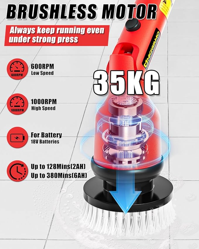Uniqwamo Electric Spin Scrubber Compatible for Milwaukee 18V Battery(Battery NOT Included), 1000 RPM Battery Powered Scrubber with Adjustable Extension Arm & 8 Brushes & Gloves for Tub/Tile/Floor
