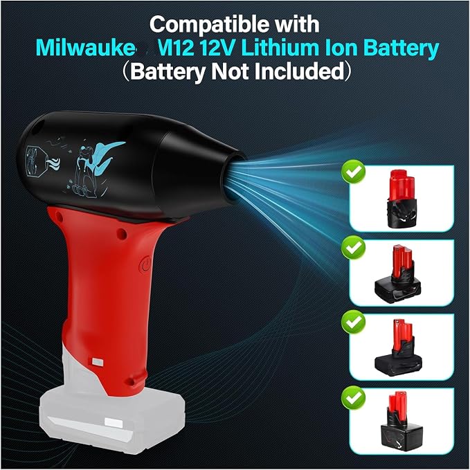 Jet Fan Mini Blower，130000 RPM Cordless Air Duster Comaptible with Milwaukee 12V Batteries with 3-Speed Control for Car Dust Cleaning, Outdoors BBQ Leaf Cleaning, Sofa's Pet Hair Cleaning