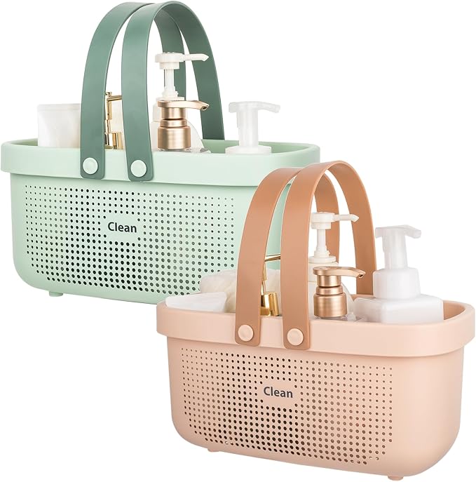 JiatuA Portable Shower Caddy Basket Cleaning Supplies Organizer with Handles Tote Storage Bin for Bathroom Kitchen Bedroom College Dorm, Under Sink, Garden, Green & Pink