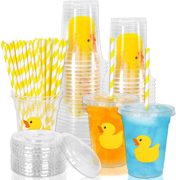 Whaline 50 Pcs Yellow Duck Plastic Cups with Lids and Straws 12 Oz Cute Duck Beverage Drinking Cups for Birthday Summer Pool Beach Party Supplies