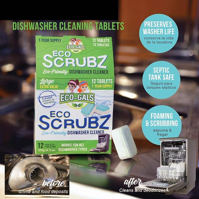 ECO-GALS Scrubz & Swirlz Washing Machine and Dishwasher Cleaner Bundle Unscented - 1 Year Supply Plus Dishwasher Magnet Organizer