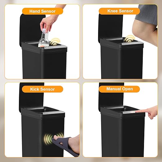 4 Gallon Bathroom Smart Touchless Trash Can for Kitchen Automatic Motion Sensor Rubbish Can with Lid Waterproof Narrow Small Garbage Bin for Kitchen, Toilet, Bedroom, RV(Black,Battery)