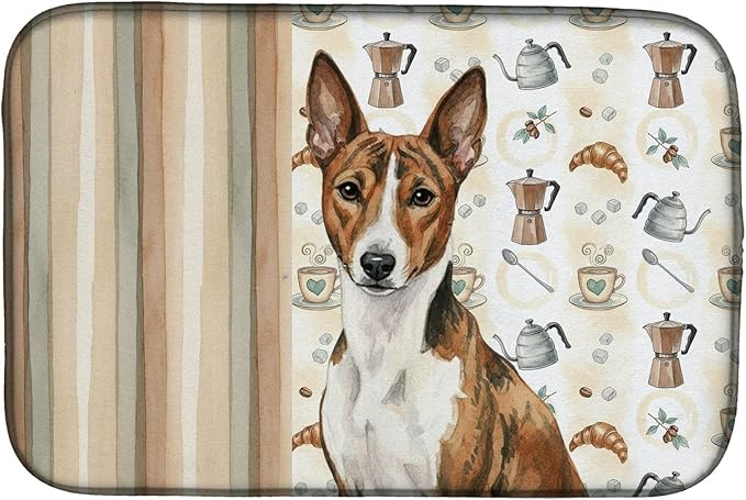 Caroline's Treasures Brindle and White Basenji Coffee Bar Dish Drying Mat Absorbent Dish Drying Mat Pad for Kitchen Counter Dish Drainer Mat for Countertop, 14 x 21", Multicolor