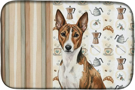 Caroline's Treasures Brindle and White Basenji Coffee Bar Dish Drying Mat Absorbent Dish Drying Mat Pad for Kitchen Counter Dish Drainer Mat for Countertop, 14 x 21", Multicolor