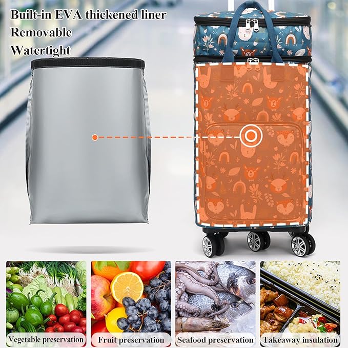 2 in 1 Shopping Cart with Wheels, Grocery, Portable Utility Dolly, Luggage Cart, Foldable Hand Truck with Built-in Removable Waterproof Bag for Shopping, Camping, Travel (Animal World)
