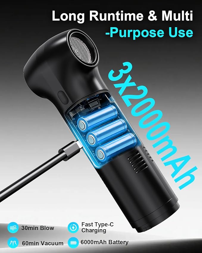 Electric Air Duster & Vacuum 2-in-1, Dual Brushless Motor 130000RPM Compressed Air Duster, 16000PA Handheld Vacuum, 3 Speed Mini Blower, Fast Charging 6000mAh Rechargeable, Keyboard Car Cleaning Kit